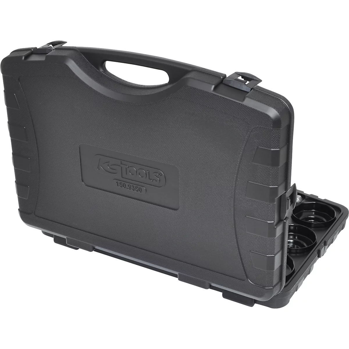 Schwarzer Werkzeugkoffer von KS Tools, geöffnet. Oben Griff, Verschluss. Unten Einsatz mit runden Aussparungen.